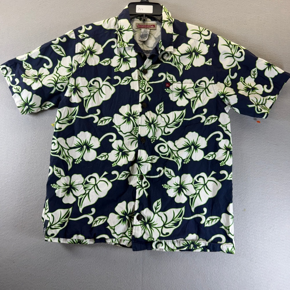 Quiksilver Mens XL Blue Hibiscus Floral Short Sleeve Button Up Shirt N209652‎